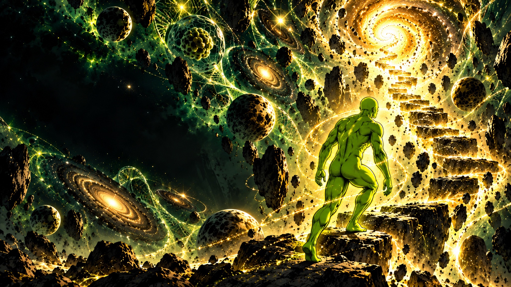 The green philosopher ascending a path built from stone, cells, and galaxies